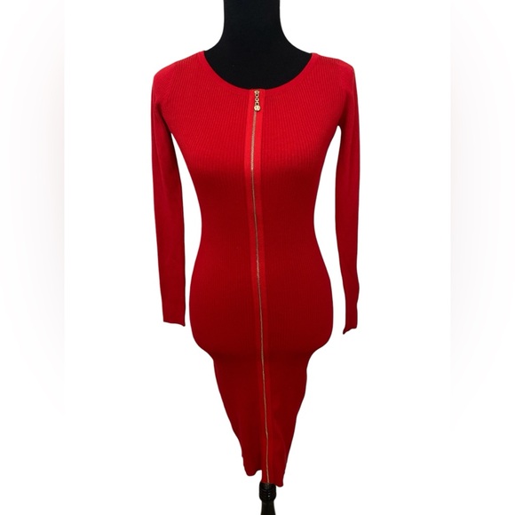 Red long sleeve ribbed knit exposed zipper Bodycon sweater dress - Picture 2 of 6